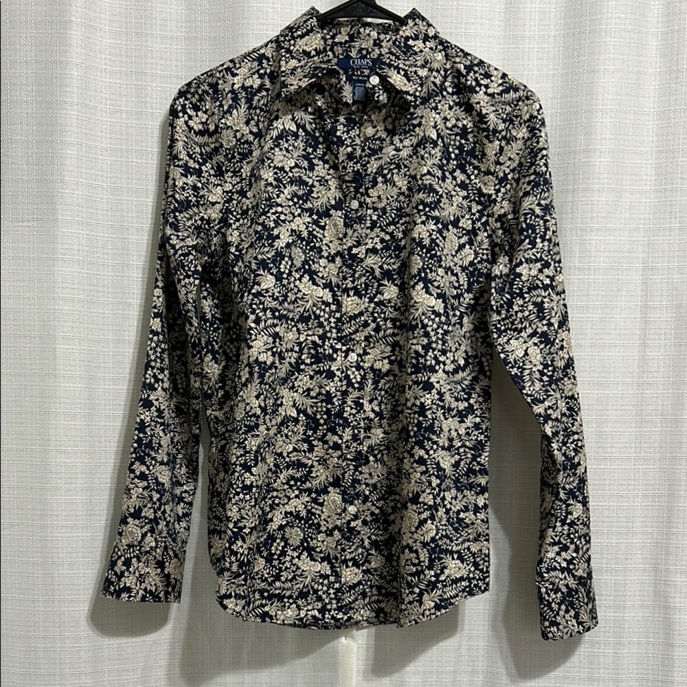 Chaps‎ Floral Button Shirt Women’s NavyTan Non Iron Collared Long Sleeves PS